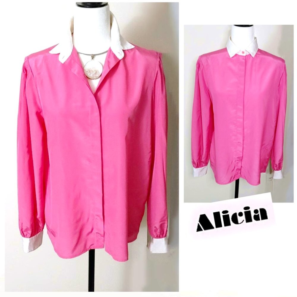 ALICIA Pink White Trim Blouse Polyester L-Sleeve Collar Button Down Relaxed Fit